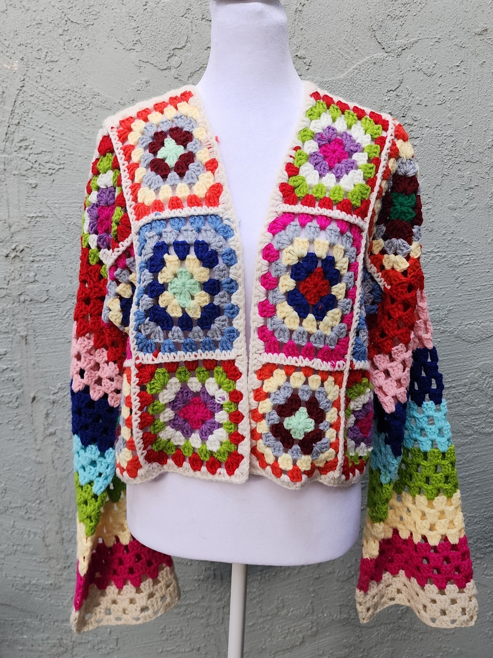 Elan Crochet Granny Square Cropped Cardigan Rainbow Patchwork Boho Sweater [M]